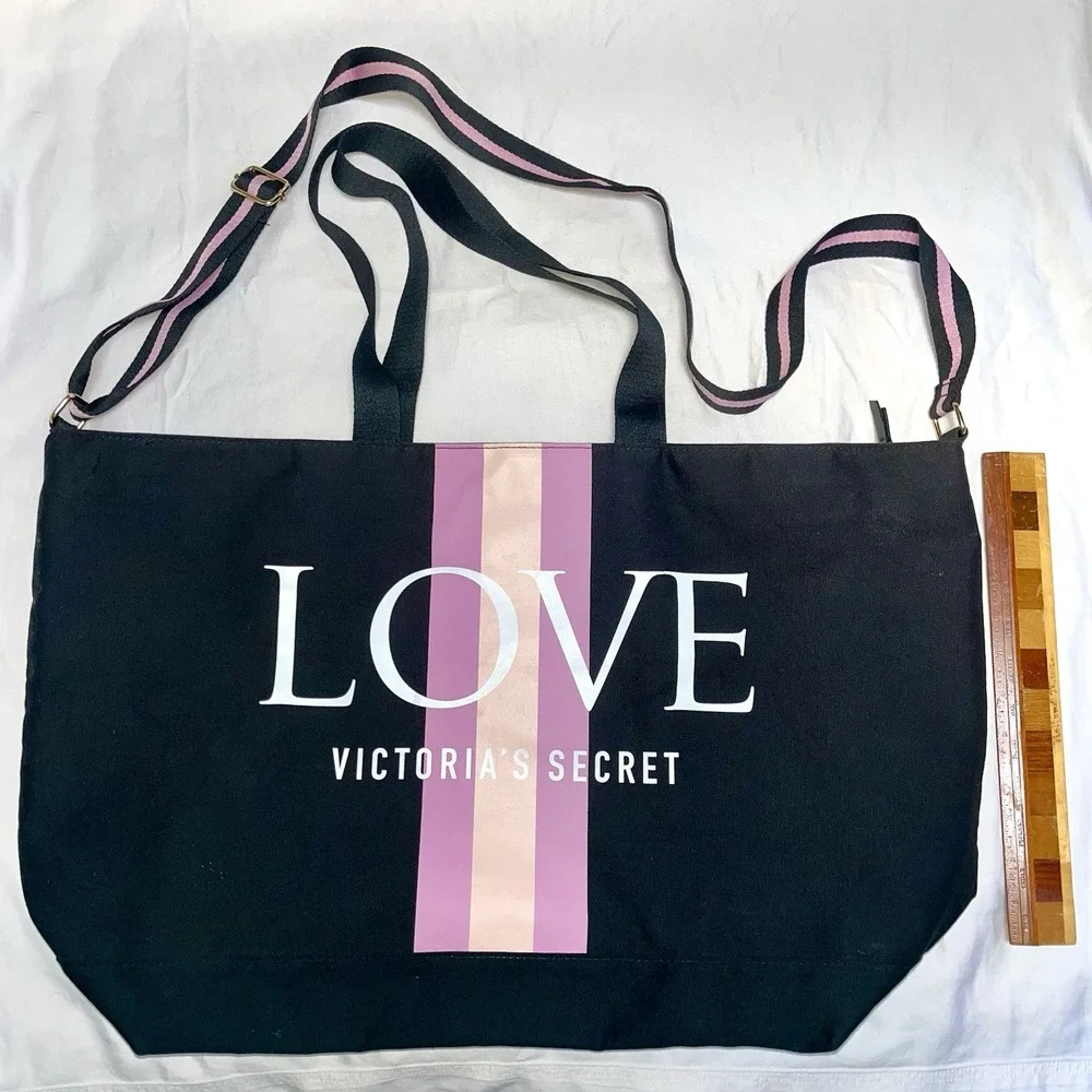 Victoria's Secret Large Weekender Tote Shoulder Bag LOVE Logo Black Pink VS